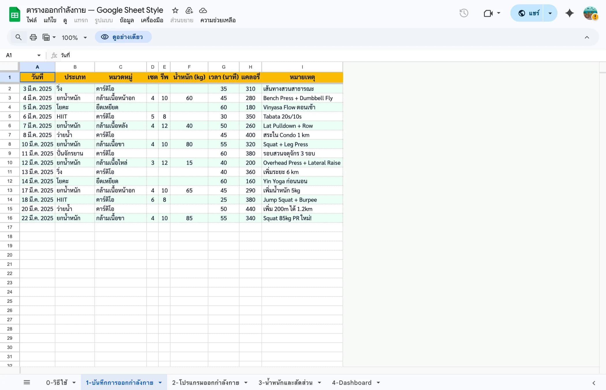 แท็บบันทึกการออกกำลังกาย — Workout Log Google Sheets
