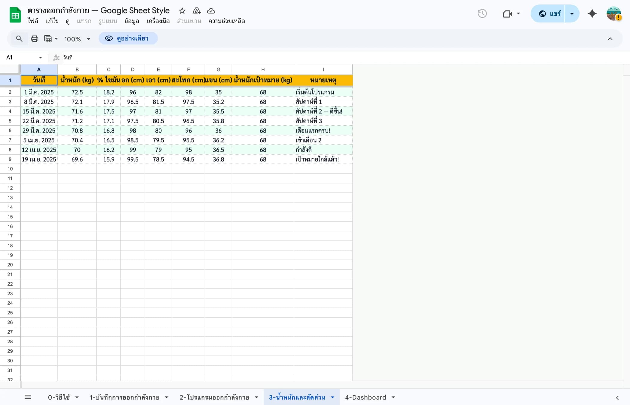 แท็บติดตามน้ำหนักและสัดส่วนร่างกาย — Body Measurements Google Sheets
