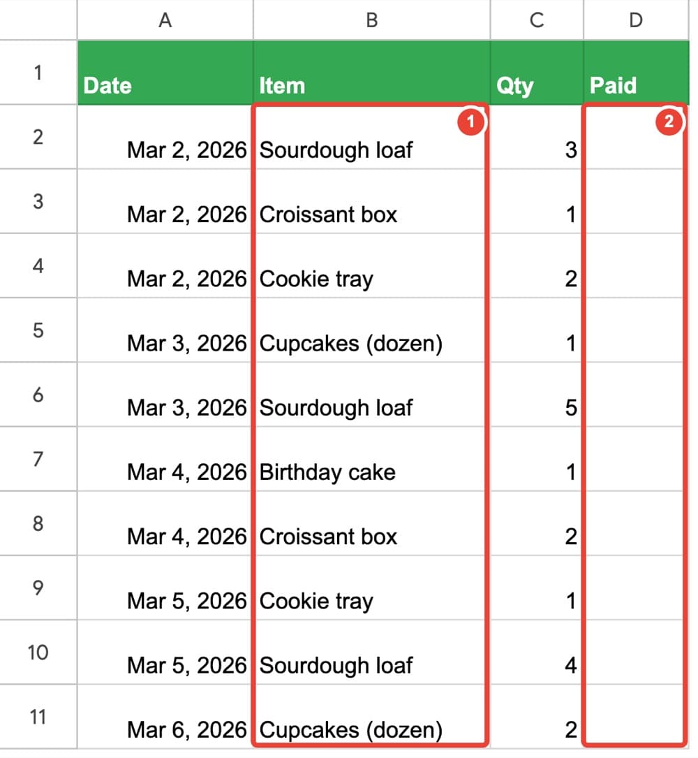 ① the Item column, typed by hand ② the empty Paid column
