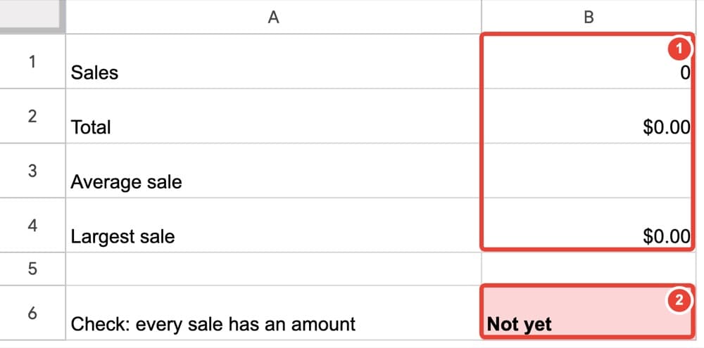 ① the summary fills itself as you type sales ② its Check line