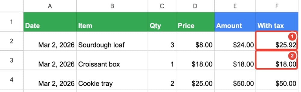 ① With tax is right in row 2 ② …but in row 3 the tax is missing
