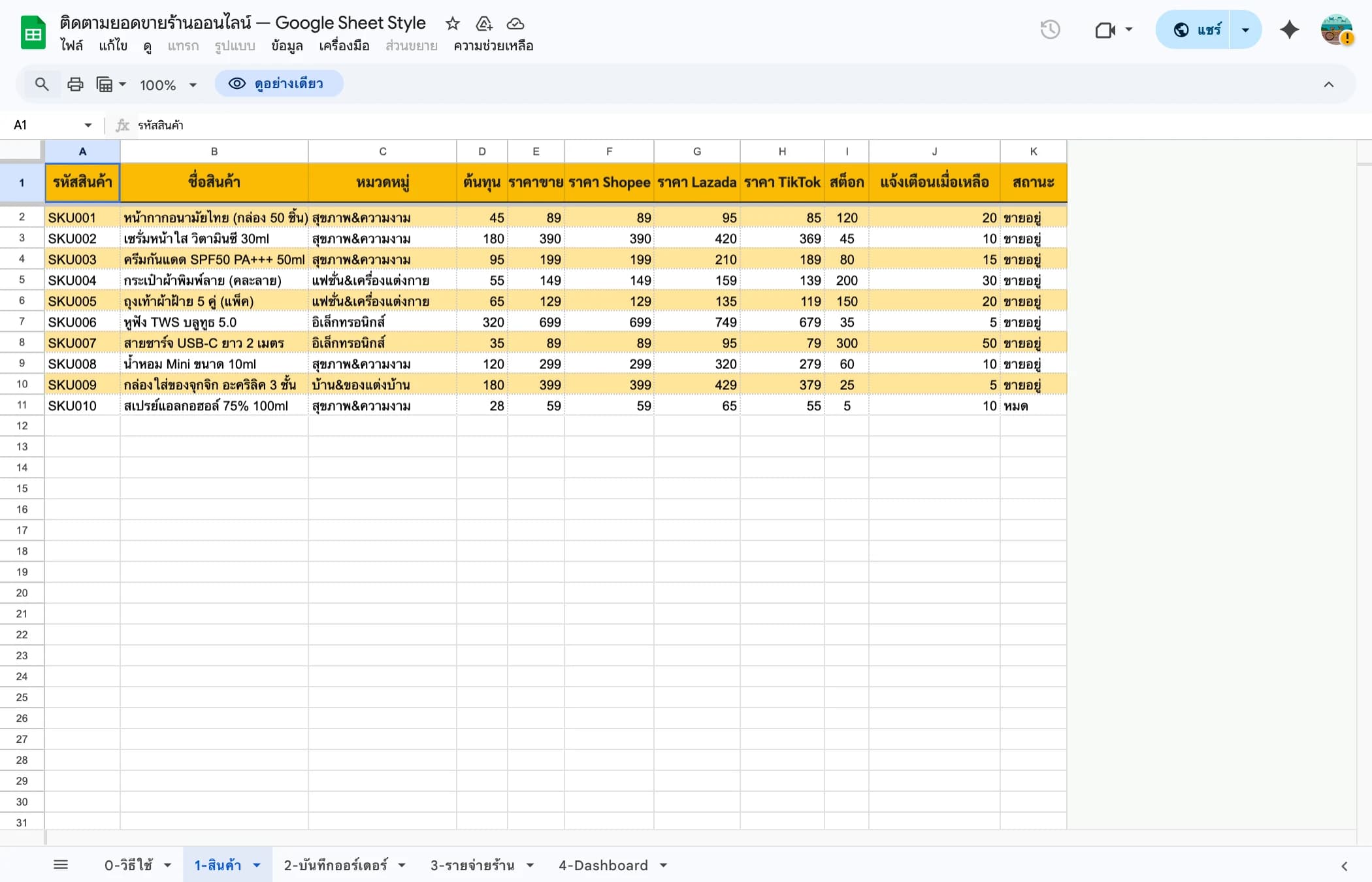 จัดการสินค้าและสต็อกร้านออนไลน์ Google Sheets ราคา Shopee Lazada TikTok