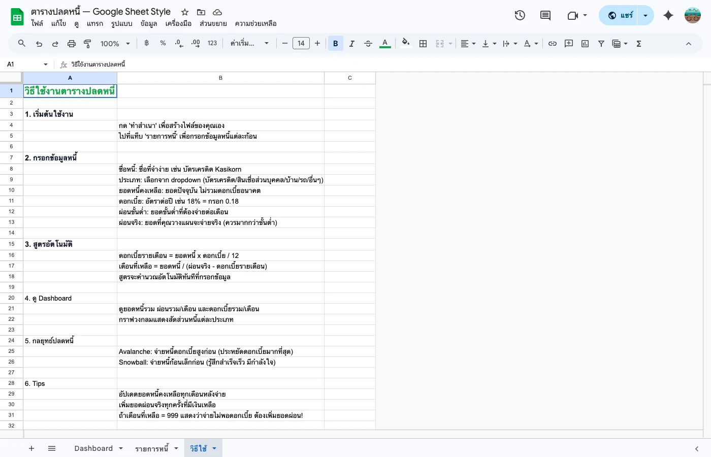 debt-tracker-guide — วิธีใช้ + กลยุทธ์ Snowball/Avalanche