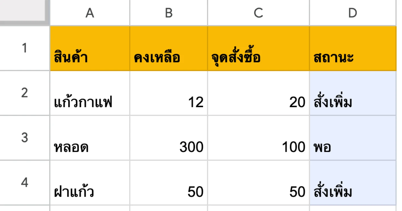 ภาพหน้าจอ Google Sheets: ตัวอย่าง 3: ARRAYFORMULA + IF บอกสถานะสต็อกทุกแถว