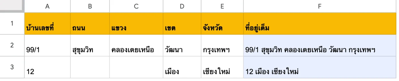 ภาพหน้าจอ Google Sheets: ตัวอย่าง 3: TEXTJOIN ต่อที่อยู่ ข้ามช่องที่ว่าง