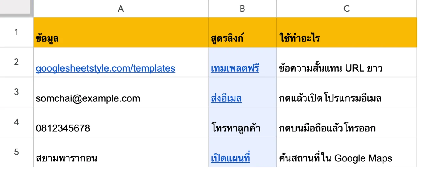 ภาพหน้าจอ Google Sheets: ตัวอย่าง: ลิงก์ที่สร้างจากข้อมูลในแถว