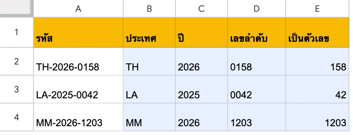 ภาพหน้าจอ Google Sheets: ตัวอย่าง 1: แยกรหัสสินค้าที่มีรูปแบบตายตัว
