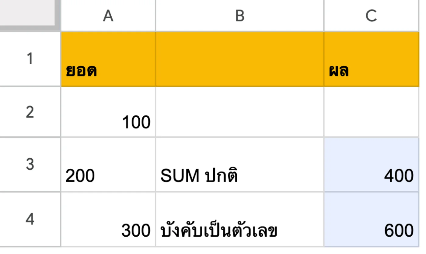 ภาพหน้าจอ Google Sheets: ทำไม SUM ได้ยอดไม่ครบ: ตัวเลขที่เป็น "ข้อความ"