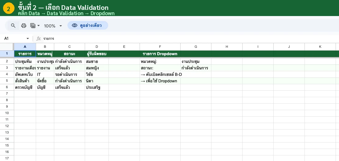 ขั้นที่ 2 — ตั้งค่า Data Validation