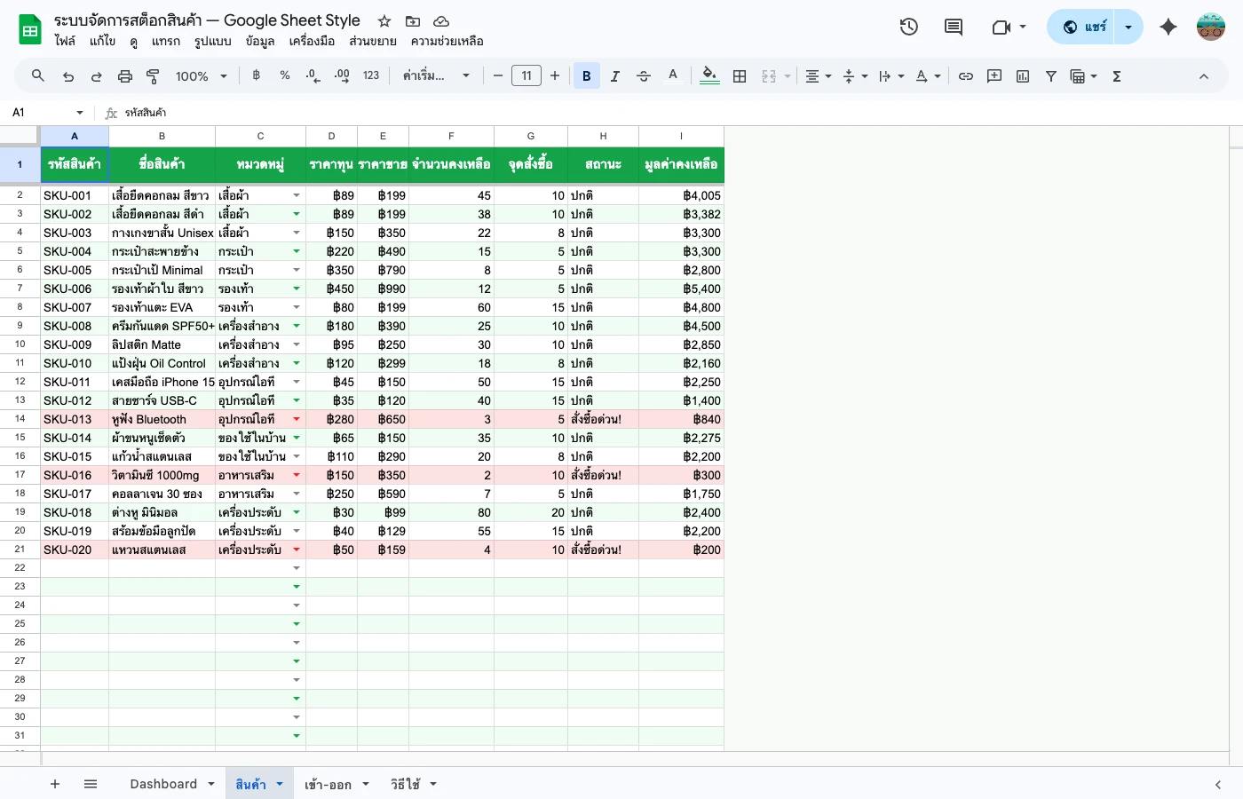 inventory-tracker-guide — รายการสินค้า + Reorder Point