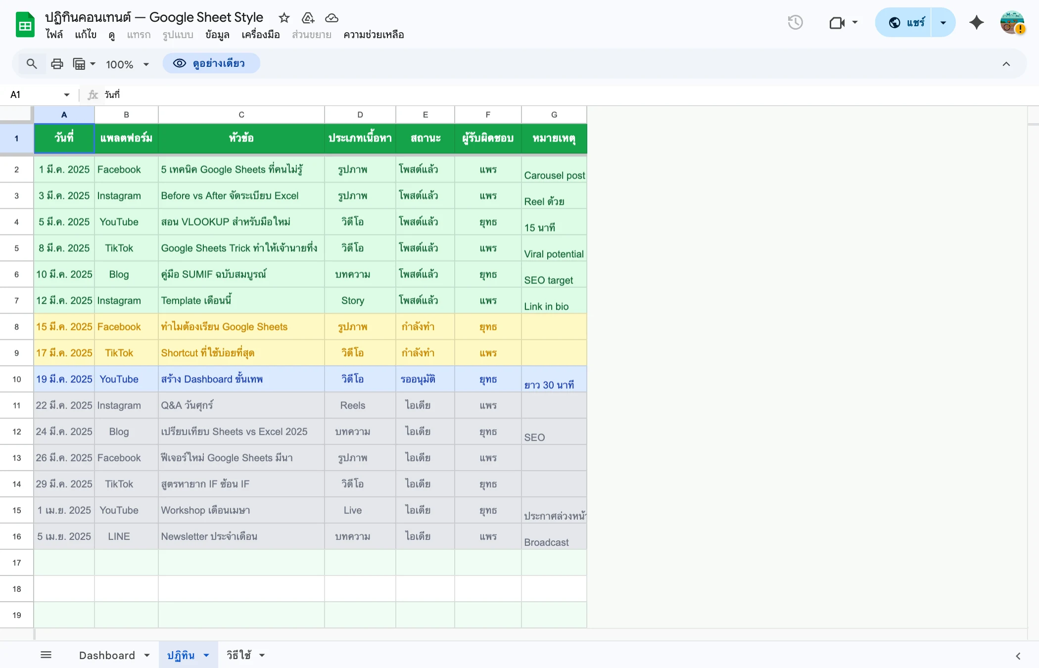 Content Calendar Google Sheets - รายการโพสต์