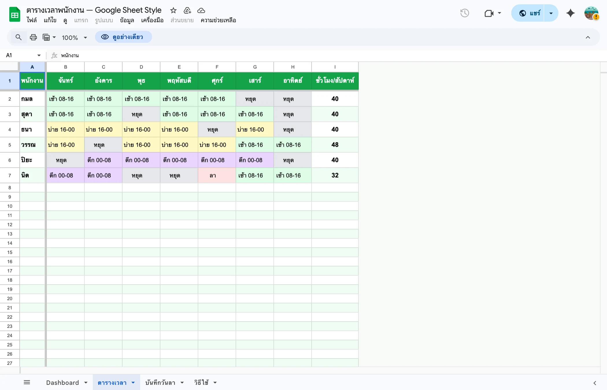 ตารางเวรพนักงาน Google Sheets - จัดเวรรายสัปดาห์